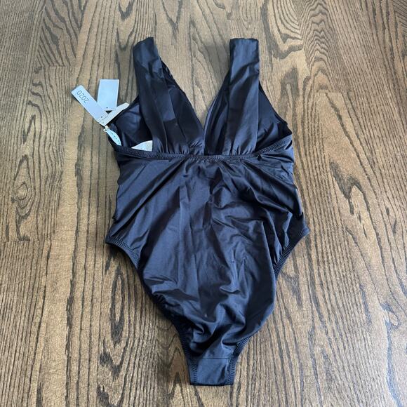 Trina Turk Solid Black Wrap Front Deep V Neck One Piece Swim Suit Size 12 - Picture 2 of 9